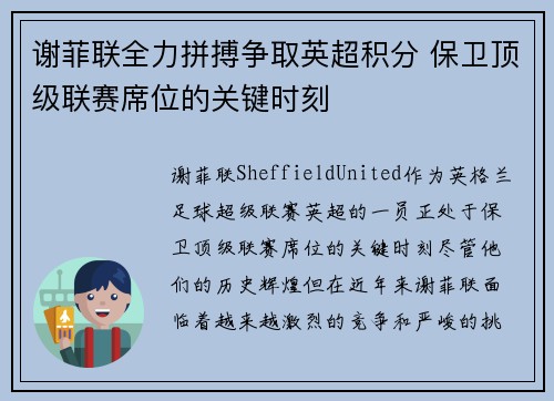 谢菲联全力拼搏争取英超积分 保卫顶级联赛席位的关键时刻
