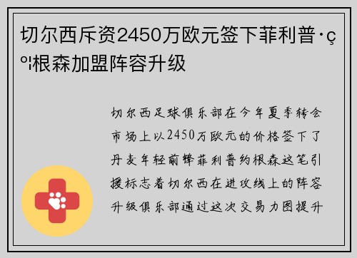 切尔西斥资2450万欧元签下菲利普·约根森加盟阵容升级