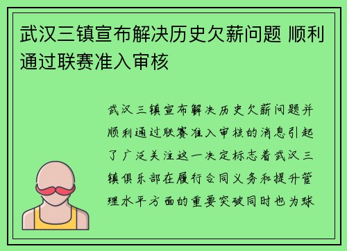 武汉三镇宣布解决历史欠薪问题 顺利通过联赛准入审核